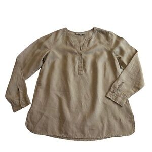 Jones New York Large Popover Tunic Length Linen V-Neck Khaki Slits Long Sleeve